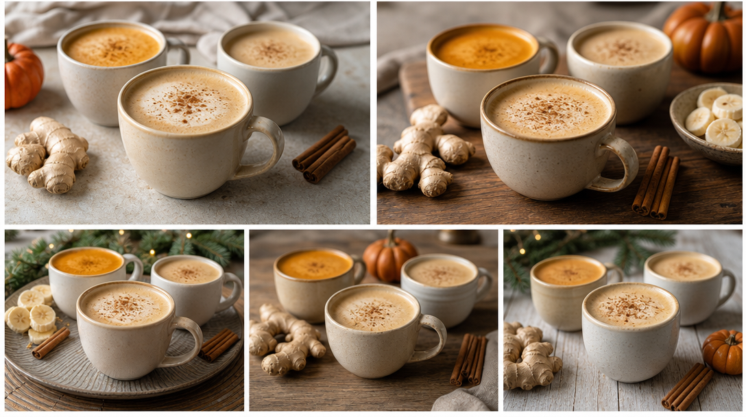 Comparatif de lattes épicés beige caramel et orangés, entourés de gingembre et cannelle