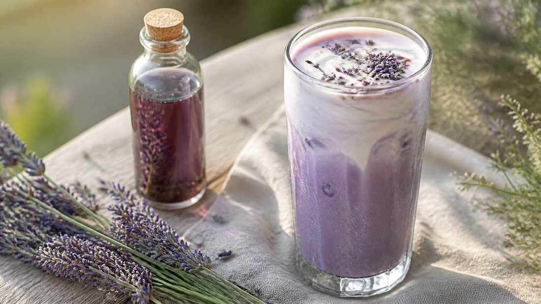 Latte à la lavande glacé dans un grand verre, mousse crémeuse et brins de lavande fraîche