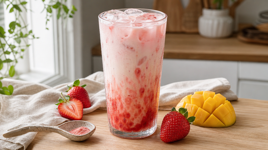 Latte fraise glacé dans un grand verre, avec fraises fraîches, mangue et poudre rose