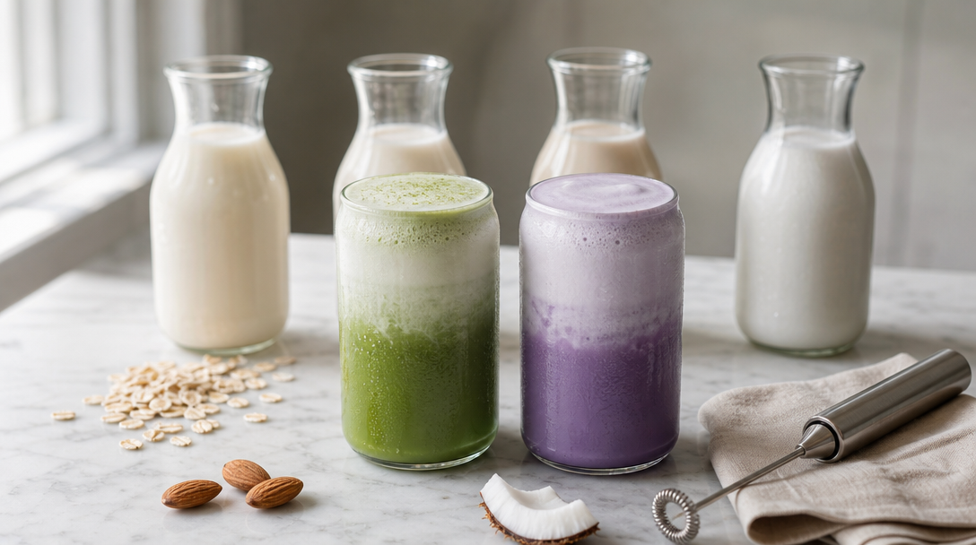 Quatre laits végétaux en carafe à côté d'un matcha latte et d'un ube latte mousseux