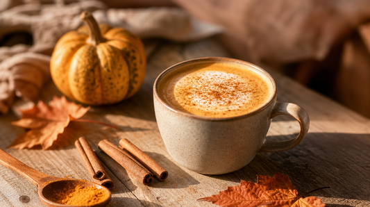 Pumpkin Spice Latte maison sans sirop en tasse céramique, avec courge et bâtons de cannelle