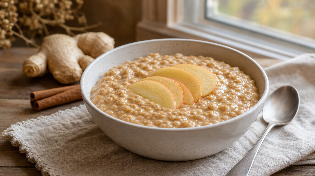 Porridge pain d’épices crémeux garni de fines lamelles de pomme dans un bol