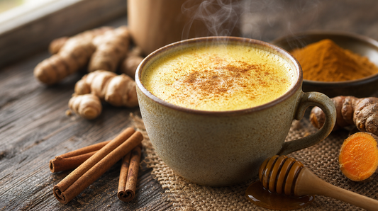 Golden latte au curcuma dans une tasse en céramique, mousse onctueuse et cannelle saupoudrée