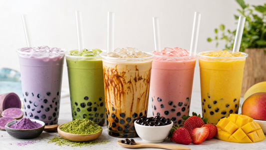 Rangée de bubble teas colorés (ube violet, matcha vert, fruité rose) avec perles de tapioca et pailles larges – Pure Tea