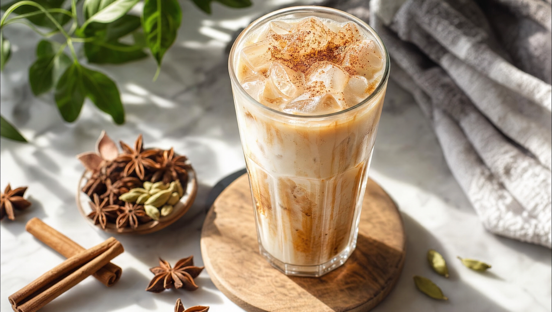 Iced chai latte crémeux sur glaçons saupoudré de cannelle, entouré d'épices – Pure Tea