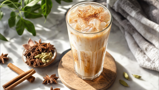 Iced chai latte crémeux sur glaçons saupoudré de cannelle, entouré d'épices – Pure Tea
